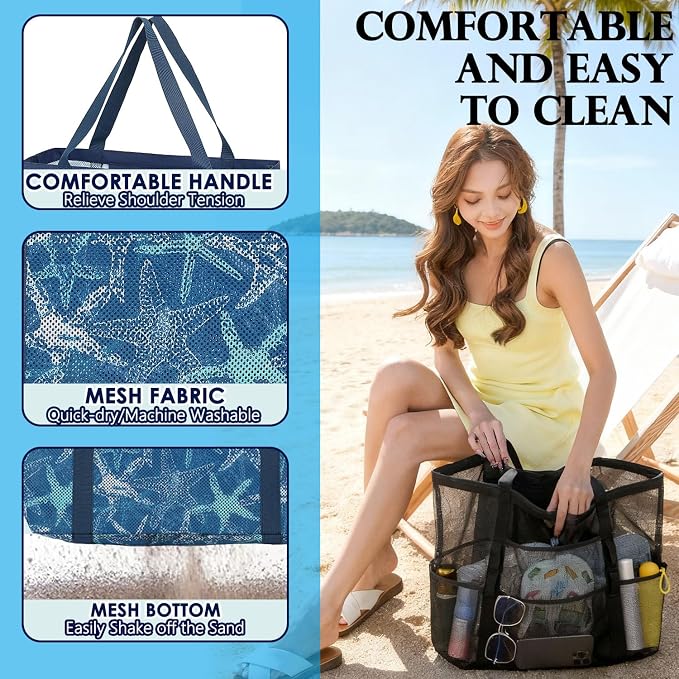 Fammart Mesh Beach Bag for Women, Large Beach Toy Pool Bag with Zipper Pocket, SandProof Cruise Essentials 2026 Family Travel - Image 6