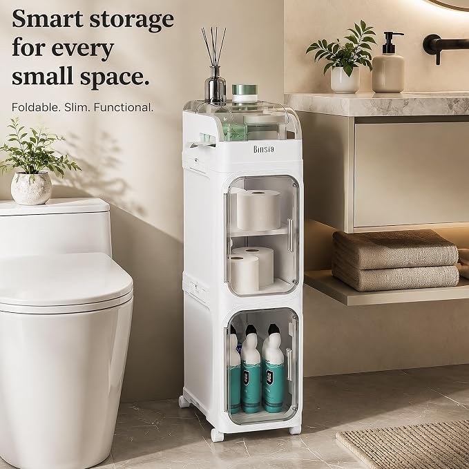 BINSIO 3-Tier Slim Bathroom Storage Cabinet, Rolling Toilet Paper Storage Cabinet with Clear Doors, Narrow Toilet Side Organizer for Small Bathrooms, Rolls, Wipes, Cleaners and Bathroom Essentials - Image 3