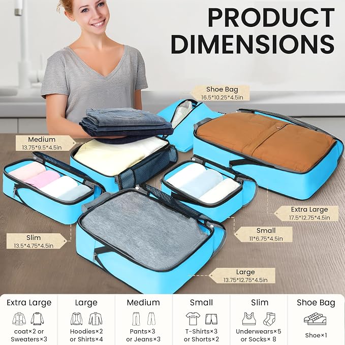 BAGAIL 4 Set/6 Set/8 Set Compression Packing Cubes Travel Accessories Expandable Packing Organizers (Half Mesh, 6-Blue) - Image 2