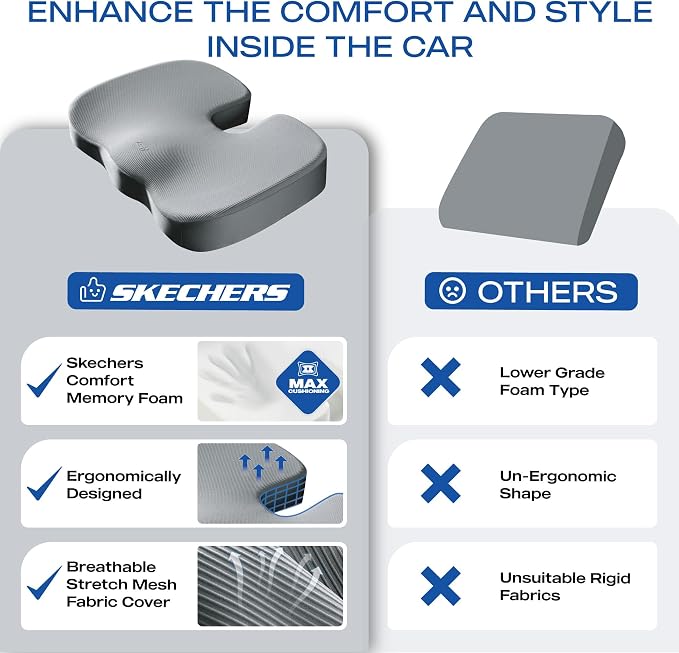 Skechers Memory Foam Seat Cushion,Office Chair Cushion for Tailbone Pain Relief,Butt Pillow for Office Chair,Car seat Cushion,Computer Desk,Long Sitting Office Workers,and Car Drivers,Grey - Image 6
