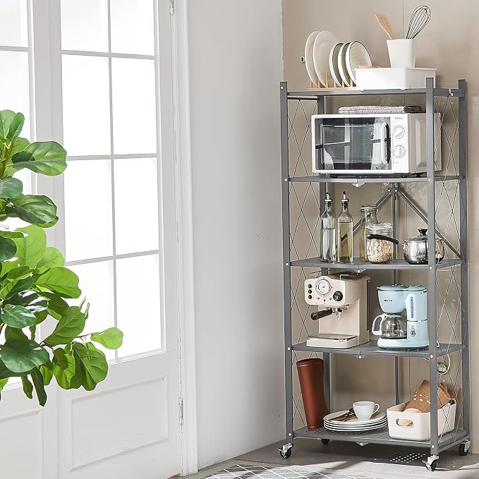 BRIAN & DANY 5-Tier Foldable Storage Shelves with Wheels, Folding Metal Rack Shelving Unit, Heavy Duty No Assembly Organizer Shelf for Garage, Kitchen, Basement, Pantry, Gray - Image 8