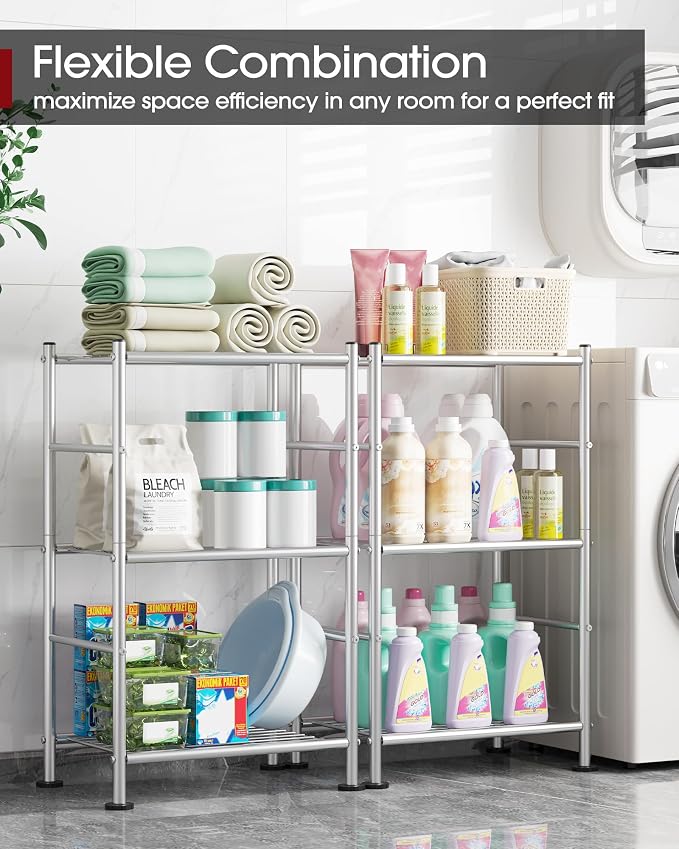 Sakugi Storage Shelves - 3 Tier Shelf Organizer, Sturdy Metal Shelving with Adjustable Leveling Feet, Space-Saving Shelves Organizer for Pantry, Laundry, Kitchen (18" x 12" x 30", Silver) - Image 4