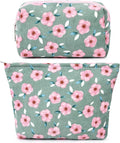 SOIDRAM 2 Pieces Sakura Makeup Bag Large Cosmetic Bag Capacity Canvas Mix Travel Toiletry Bag Organizer Cute Makeup Brushes Aesthetic Accessories Storage Bag for Women, Sakura Mix Green by SOIDRAM