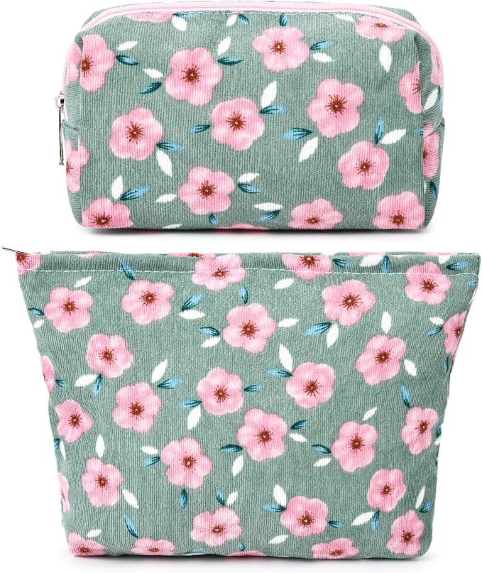 SOIDRAM 2 Pieces Sakura Makeup Bag Large Cosmetic Bag Capacity Canvas Mix Travel Toiletry Bag Organizer Cute Makeup Brushes Aesthetic Accessories Storage Bag for Women, Sakura Mix Green by SOIDRAM