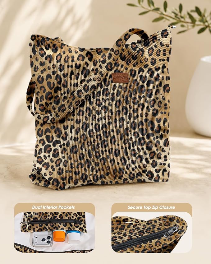 Aesthetic Corduroy Tote Bag with Zipper for Women | Reusable, Fits 14 Inch Laptop, Inner Pocket, double-sided print, Lightweight - Image 4