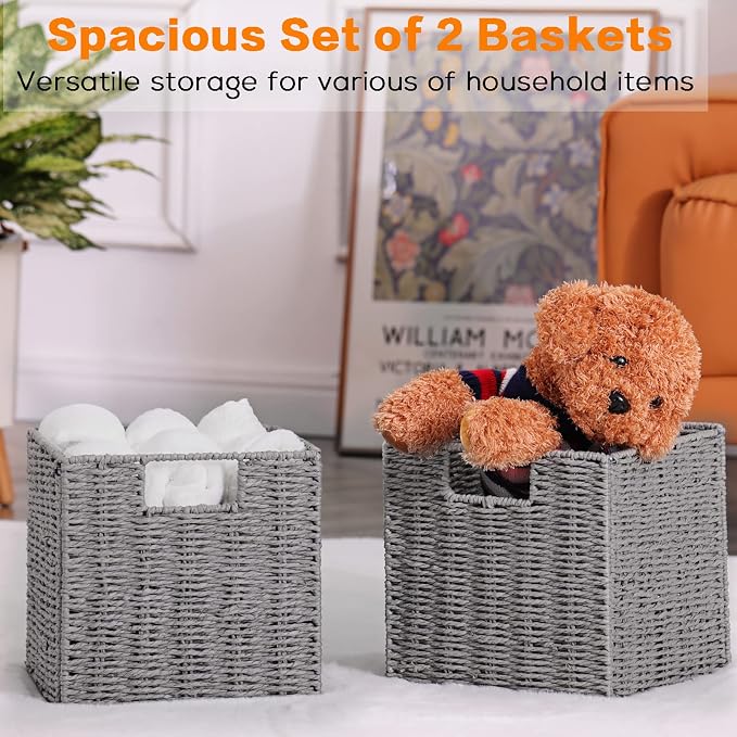 Wicker Storage Basket, Set of 2 Hand-Woven Storage Baskets for Shelves with Handles, Foldable Cube Storage Baskets Bins Organizer 13 inch Large Wicker Baskets for Pantry Bedroom Decor, Grey - Image 7