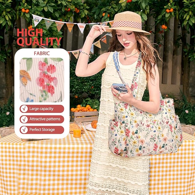 Corduroy Tote Bag for Women,Large Capacity Cute Tote Bags With 6 Pockets,Crossbody Shoulder Handbag for Work Travel Gym - Image 6