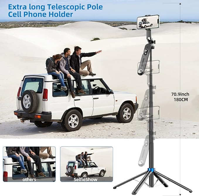 Selfie Stick Phone Tripod-71 Cell Phone Holder with Remote | 1/4" Screw Thread Adapter, Travel Tripod for Recording, Video and Picture, Compatible with iPhone, Android, Camera & Gopro - Image 4