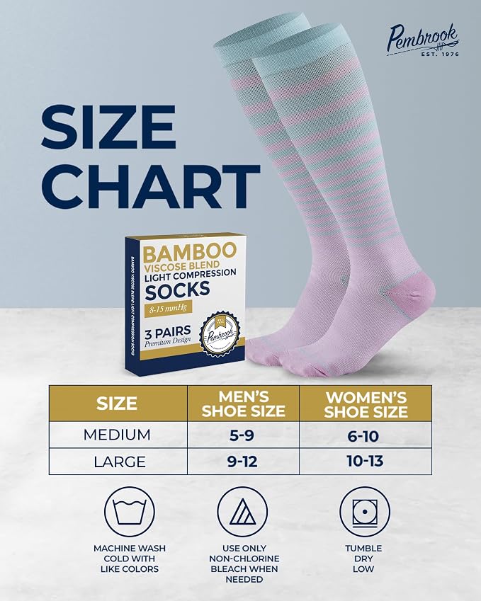 Pembrook® Bamboo Viscose Light Compression Socks - 3 Pairs | 8-15 mmhg Compression Socks | Knee High Comfort Support Socks - Image 6