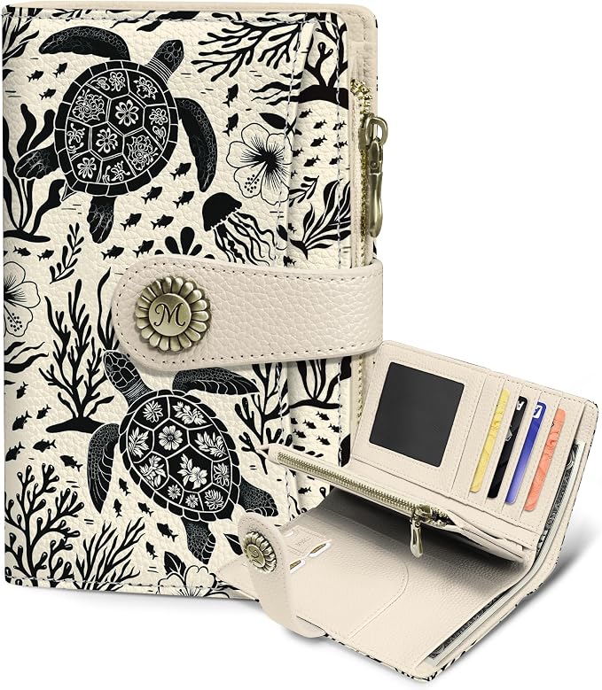 Sea Turtle Wallet Women RFID, Passport Holder, Credit Card Holder | 6.7" x 4.4" x 1.3" Bifold, Travel billfold, Zipper Pocket, PU Leather, Clutch, Purse, ID Window, Pen Holder, Gift Ladies Girl by Mavellin