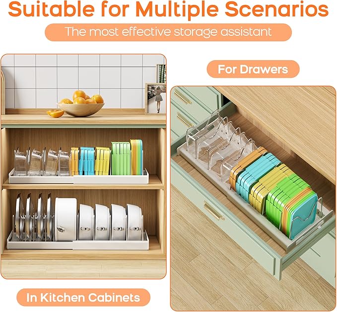 Nigelia Pots and Pans Organizer for Under Cabinet 22" Expandable Food Storage Container Lid Organizer with 10 Adjustable Dividers Pot and Pan Lid Holders Rack Inside Cabinet & Kitchen Countertop White - Image 2