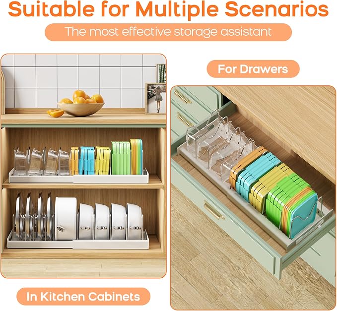 Nigelia 2 Pack Pots and Pans Organizer for Under Cabinet, 22" Expandable Food Storage Container Lid Organizers with 10 Adjustable Dividers Pot Lid Holders Rack Inside Cabinet&Kitchen Countertop(White) - Image 2
