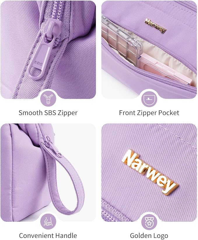 Narwey Large Travel Makeup Bag For Women Girls, Wide Open Cosmetic Bag, Portable Toiletry Bag for Cosmetics, Toiletries, Skincare, Brushes (Purple) - Image 7