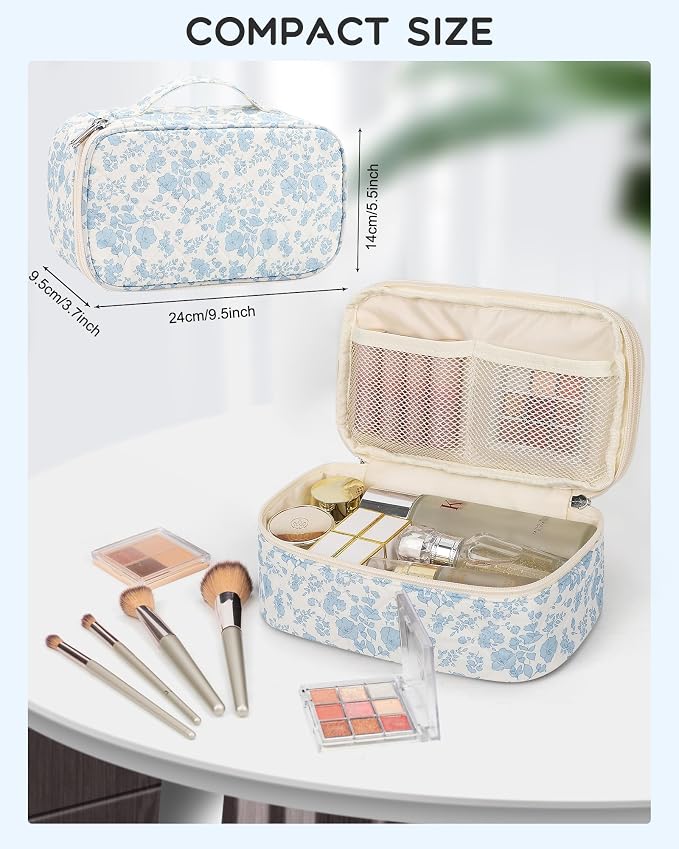 Relavel Travel Makeup Bag, Small Floral Cosmetic Bag with Makeup Brush Compartment, Portable Makeup Pouch for Women, Double Layer Makeup Organizer Bag Cute Toiletry Bag - Image 5