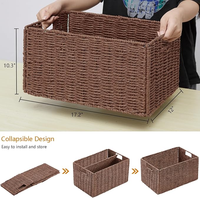 Wicker Storage Basket, Set of 2 Hand-Woven Paper Rope Wicker Basket, Small Storage Baskets for Organizing Toilet Paper Basket, Foldable Large Cube Storage Organizer Bins for Shelves (Brown) - Image 5