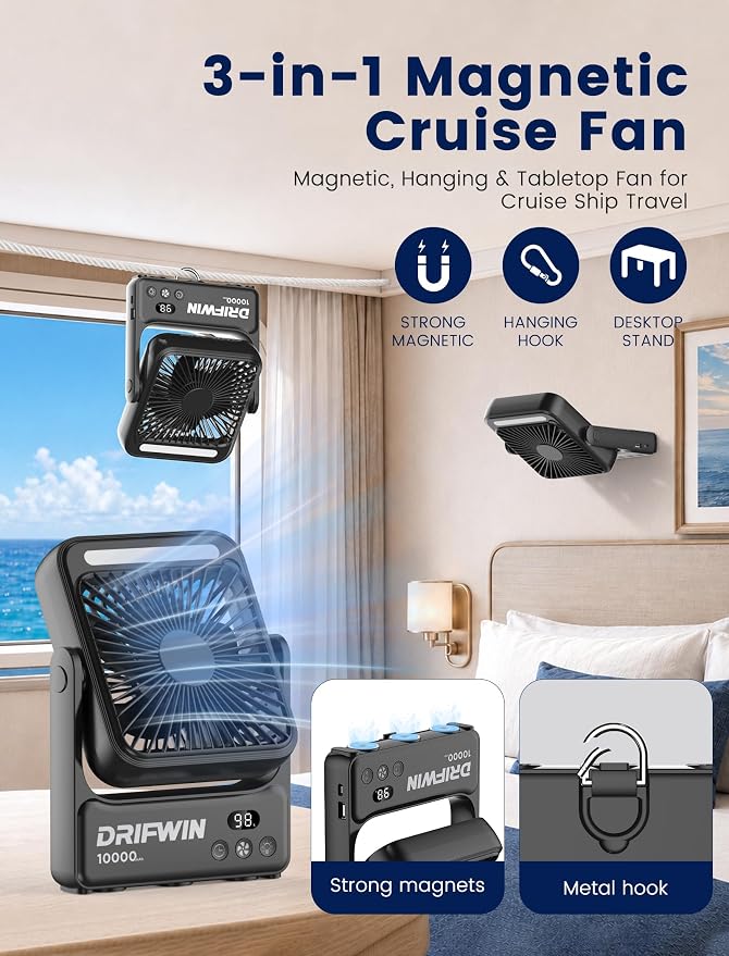 Magnetic Cruise Approved Fan with Night Light, 10000mAh Ultra-Slim Travel Fan, 4-Speed, Hook Design, Portable Fan for Cruise Ship Cabin, Bedroom Sleeping, Camping, Travel & Cruise Essentials 2026 - Image 2