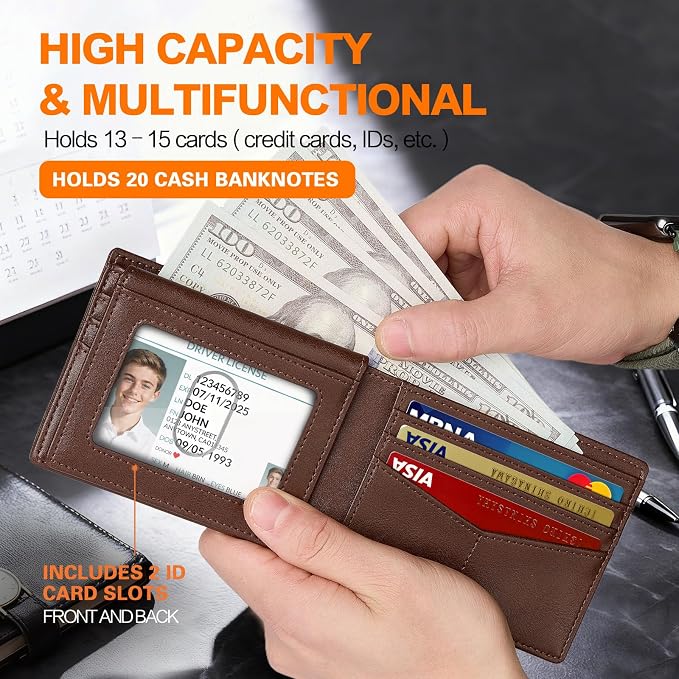 Wallet for Men Slim RFID Blocking Bifold Carbon Fiber,Minimalist Small Compact Front Pocket Credit Card Holder,Thin Mens Leather Wallets Smart Security With 2 ID windows 1 Cash (Oil Wax Brown) - Image 4