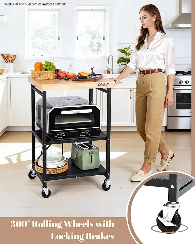 Foldable Kitchen Storage Cart, Solid Oak Top, Locking Wheels | Foldable 3-tier kitchen cart with solid oak top, metal frame and lockable wheels for a microwave, toaster oven and meal prep. - Image 3