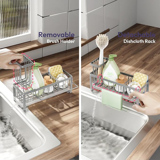SWTYMIKI Sponge Holder for Kitchen Sink - Sink Caddy with Brush Holder Self-draining Sponge Caddy Organizer with Divider Stainless Steel Kitchen Accessories Storage for Countertop, Gray - Image 3