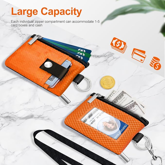 Minimalist RFID Blocking Small Wallet with ID Window,WaterResistant Zip Id Case Wallet with Lanyard Keychain for Cards,Cash,Travel,Women,Men (Orange) - Image 7