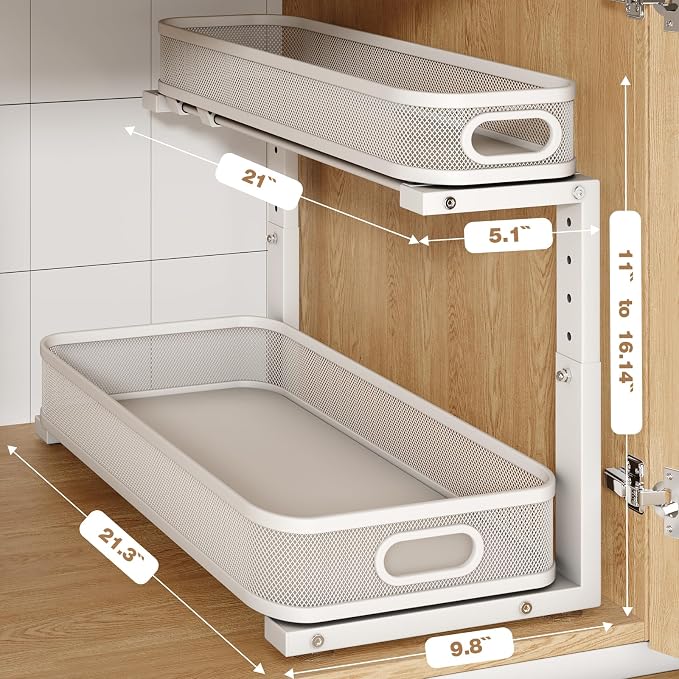 2 Pack 21.3IN-Depth Under Sink Organizer with Smooth Cylindrical Rail,2-Tier Pull Out Multi-Purpose Cabinet Storage for Bathroom&Kitchen,Height Adjustable,Rust-Resistant Coating-Gun Gray - Image 2