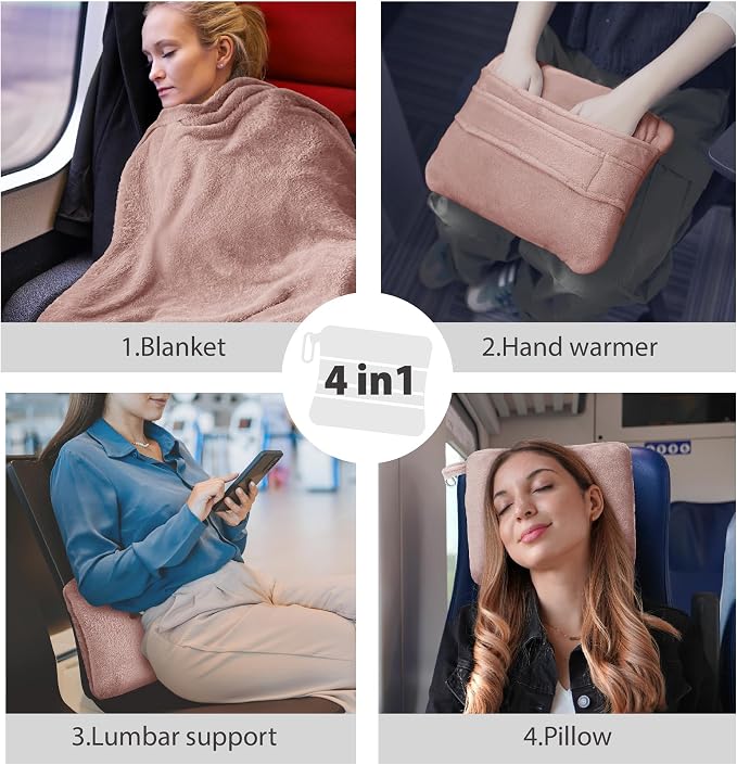 DEZ FURNISHINGS 4-in-1 Travel Compact Blanket Pillow Super Soft Velvet with Luggage Sleeve and Backpack Clip, Dusty Pink, 60" W x 45" H - Image 5
