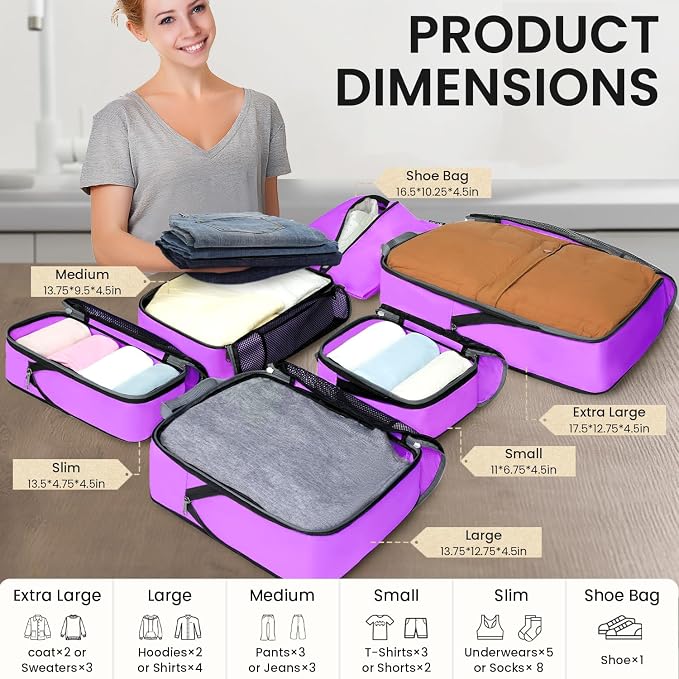 BAGAIL 4 Set/6 Set/8 Set Compression Packing Cubes Travel Accessories Expandable Packing Organizers(Purple HalfMesh 6 Set) - Image 2