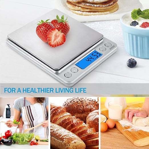 (Upgraded) AMIR Digital Kitchen Scale, 500g Mini Pocket Jewelry Scale, Food Scale, Coffee Scale, Back-Lit LCD Display, 2 Trays, 6 Units, Auto Off, Tare, PCS, Stainless Steel (Batteries Included) - Image 2