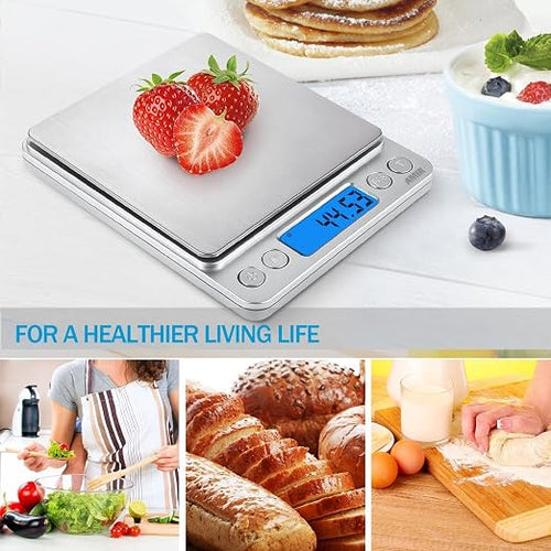 (Upgraded) AMIR Digital Kitchen Scale, 500g Mini Pocket Jewelry Scale, Food Scale, Coffee Scale, Back-Lit LCD Display, 2 Trays, 6 Units, Auto Off, Tare, PCS, Stainless Steel (Batteries Included) - Image 2