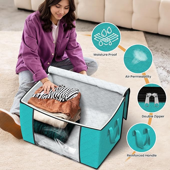 90L Clothes Storage, Foldable Thick Fabric Blanket Storage Bags | Foldable Containers with Zippers,Window and Handles for Organizing Bedroom, Closet, Comforter, Bedding,Dorm essentials - Image 4