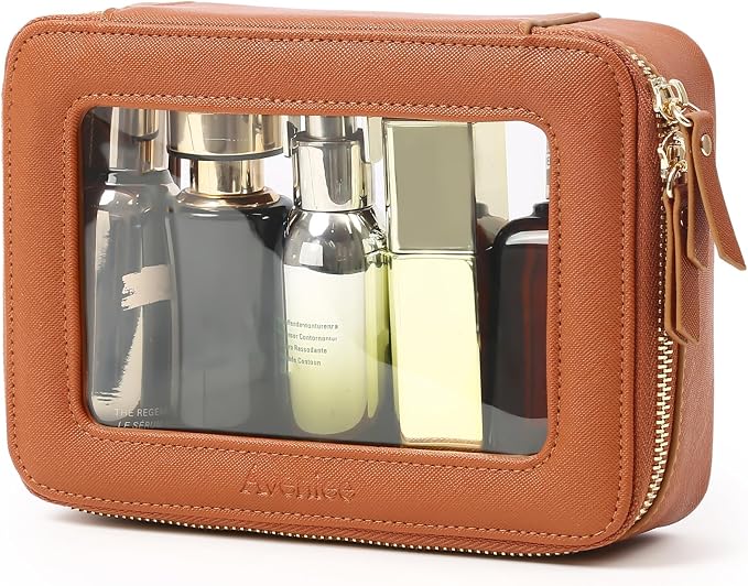 Aveniee Clear Makeup Bag, Travel Toiletry Case for Women, Cosmetic Pouch with Zippers, Car Storage Organizer for Essentials,Brown,Medium Classic - Image 6