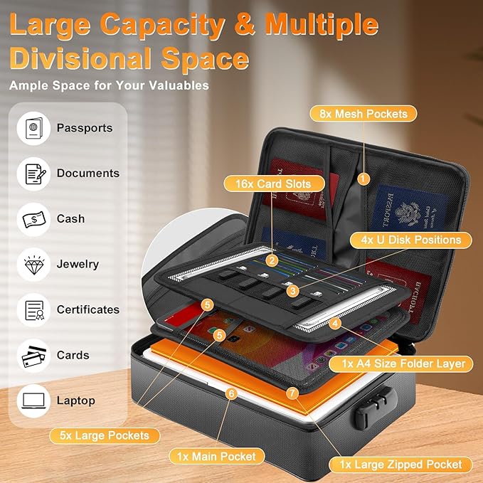 Fireproof Waterproof Document Bag with Lock for Important Files | Zipper Closure, Fits Laptop & Passport, Portable Travel Case, Secure Document Storage - Image 4