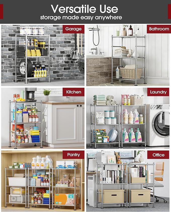 Sakugi Storage Shelves - 3 Tier Shelf Organizer, Sturdy Metal Shelving with Adjustable Leveling Feet, Space-Saving Shelves Organizer for Pantry, Laundry, Kitchen (18" x 12" x 30", Silver) - Image 7