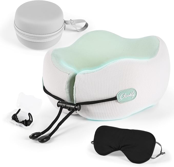 Memory Foam Travel Neck Pillow for Airplane Travel, Head and Chin Support, Adjustable Strap, Washable Cover, Carry Case by Chookly