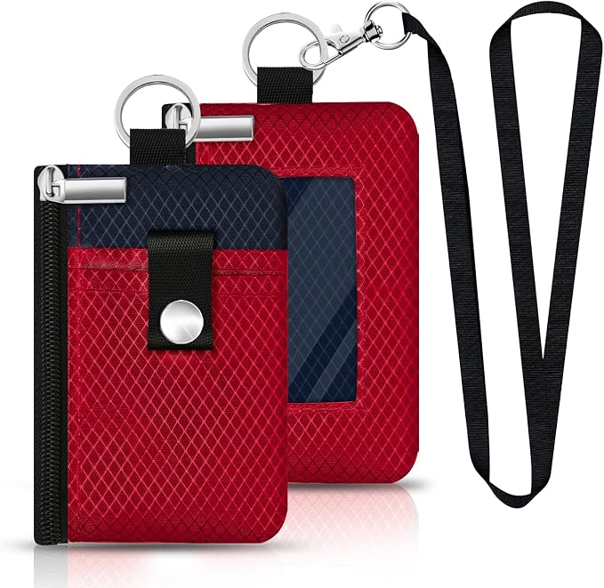 Minimalist RFID Blocking Small Wallet with ID Window,WaterResistant Zip Id Case Wallet with Lanyard Keychain for Cards,Cash,Travel,Women,Men (Red/Dark blue) by CCUMI