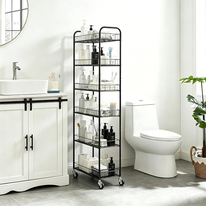 Slim Rolling Storage Cart with Wheels,10in 6 Tier Black | Narrow Space Rolling Shelving Unit , Metal Wire Mobile Organizer Rack for Kitchen Bathroom Office Laundry - Image 3