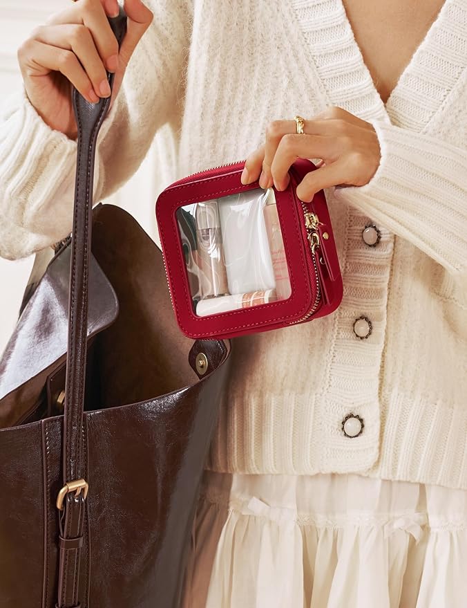 Small Clear Makeup Bag for Purse, Travel Cosmetic Case, Red, Mini | Waterproof PU Leather, Square Make Up Pouch with Zipper, Tiny Sage Green Toiletry Organizer Bag Women Car Essential Bag - Image 5