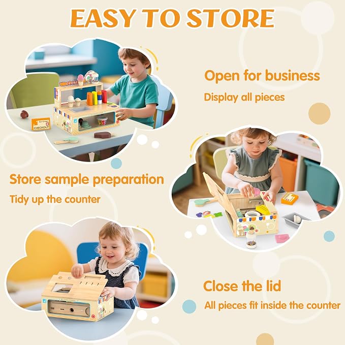 WOODMAM Foldable Wooden Ice Cream Toy, Pretend Play Food Store for Kids | Ice Cream Counter with Storage, 52 Pcs Kitchen Playset Fake Money & Menu, Birthday Gift for 3 4 5 6 Year Old Girls Boys - Image 3