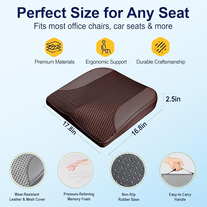 kingphenix Memory Foam Car Seat Cushion for Driving Comfort and Office Use | Coccyx & Lower Back Pressure Relief, Non-Slip 4D Mesh Seat Cushion for Cars, Trucks, SUVs, Long Drives & Office Chairs, Brown - Image 6