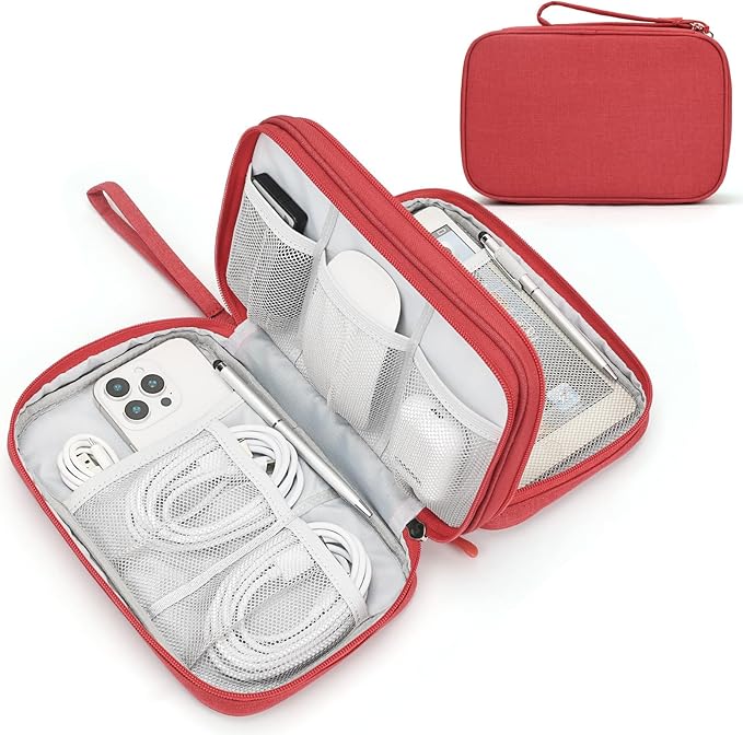 FYY Electronic Organizer, Travel Tech Pouch Bag, Large, Red | Wrist Strap, Waterproof, Double Layers Portable Electronics Travel Carrying Case for Cord, Charger, Daily Business Trips Use by FYY