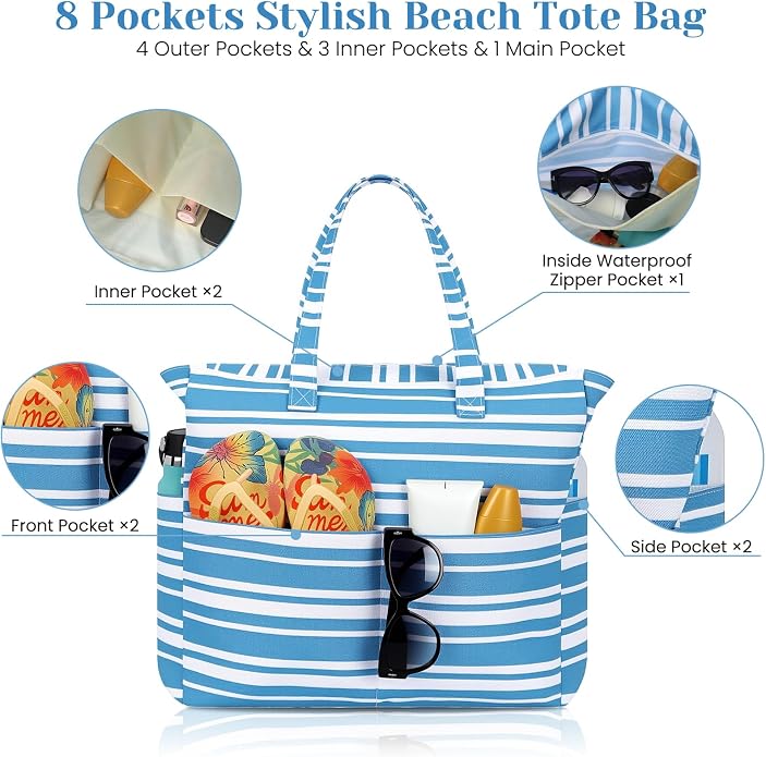 Trifabricy Beach Bags for Women, Waterproof Large Tote Bag With Zipper | Waterproof Sandproof, Zipper Closure, Wet Pocket, For Beach Gym Travel Shopping Vacation, Durable Lightweight, Easy Clean - Image 4