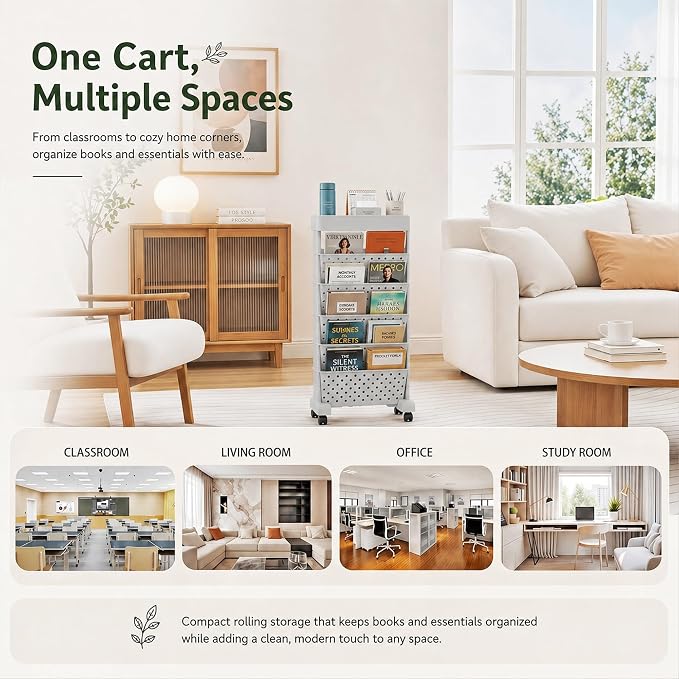 BYFU 6-Tier Rolling Bookshelf Cart, Grey | Movable with Wheels, File Paper Storage Organizer, For Home Office Study Classroom - Image 6