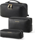 BAGSMART Makeup Bag Travel 3 Pcs Set Cosmetic Bag,Toiletry Bag,Black | 3 Pcs Set Large Make Up Bag Flat Open for Women, PU Leather Travel Essentials Organizer, Wide-open Pouch for Skincare,Brushes by BAGSMART