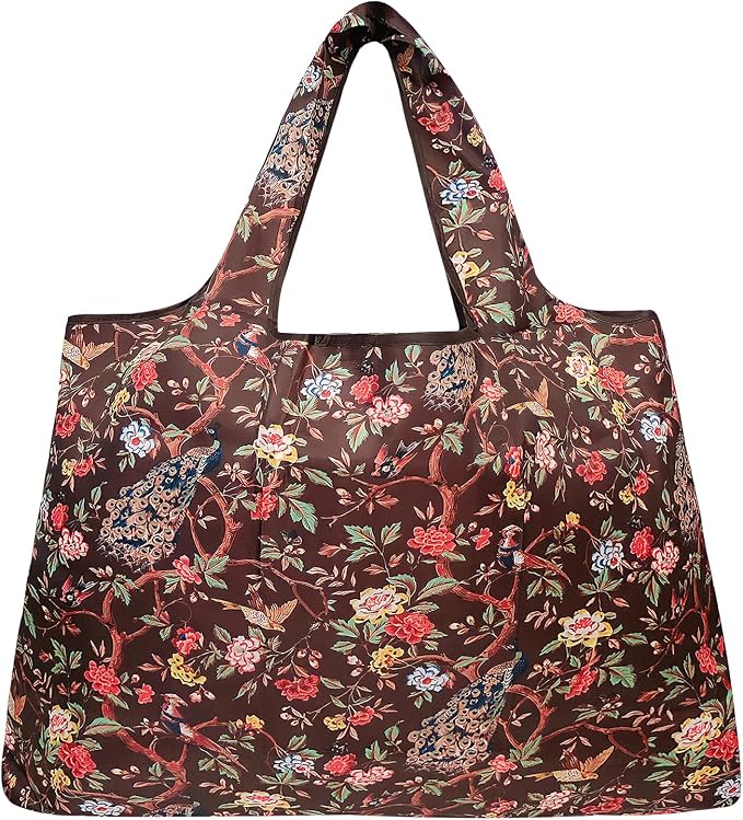 allydrew Large Foldable Tote Nylon Reusable Grocery Bags, Peacocks & Peonies - Image 4