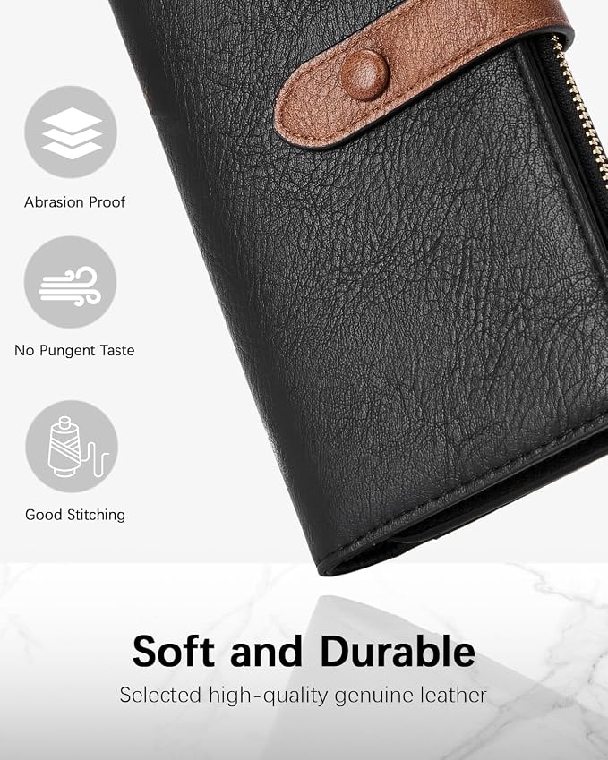 BOSTANTEN Womens Leather Wallet RFID Large Capacity Credit Card Holder | 4 ID Windows, 16 Card Slots, Zipper Coin Pocket, Clutch Wallet, Long Bifold, Ladies Gifts, Black＆Brown - Image 2