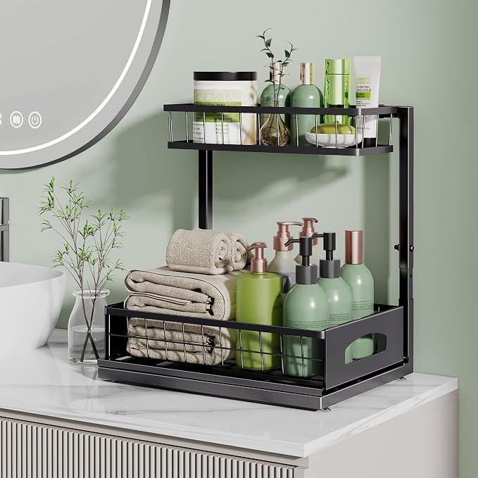Under Sink Organizer, 2-Pack L-Shaped Metal Pull-Out Drawers for Kitchen | Cabinet Organizer Height Adjustable Heavy Duty Metal 2-Tier Storage Fits Beside Common Pipes for Bathroom Pantry - Image 7