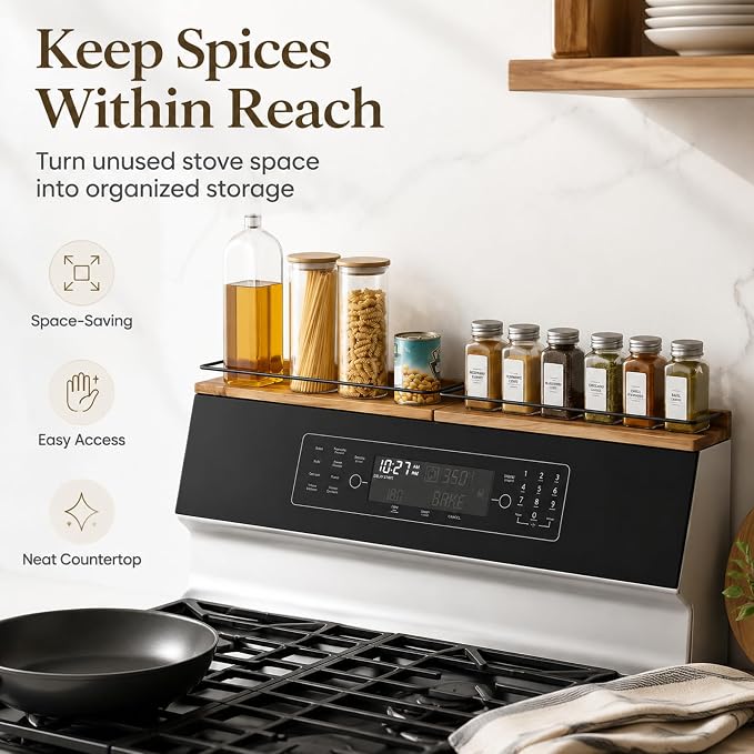 2-Piece 30" Magnetic Acacia Wood Stove Top Shelf for Gas/Electric | Strong magnetic hold, heat-resistant acacia, no-drill setup, fits gas/electric, easy-clean, holds heavy jars securely - Image 4