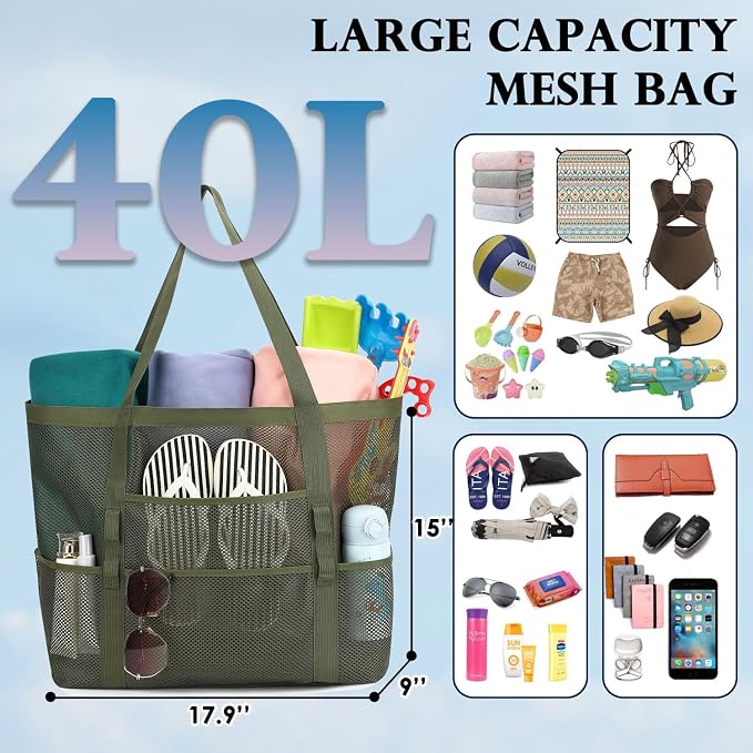 Fammart Mesh Beach Bag for Women, Large Beach Toy Pool Bag with Zipper Pocket, SandProof Cruise Essentials 2026 Family Travel - Image 5