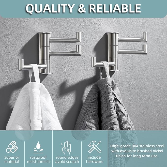 Angle Simple Brushed Nickel Towel Hooks, Swivel Coat Wall Hook, 2 Pack | Robust 304 Stainless Steel, Foldable Robe Towel Holder, Bathroom Kitchen Closet Space Saver for Home Storage, Screws Mounted - Image 4