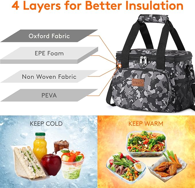 Lifewit Medium Lunch Bag, Insulated Lunch Box, Soft Cooler Cooling Tote for Adult Men Women, Black Camo 12-Can (9L) - Image 2